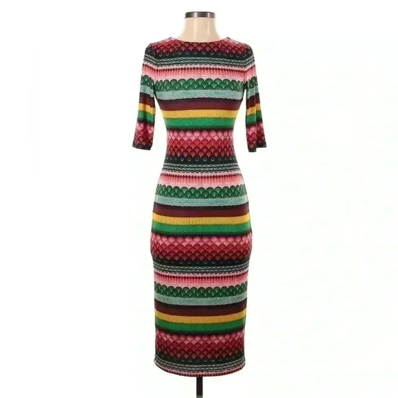 Alice + Olivia Delora Geo Fitted Bodycon Midi Dress 2 XS S Mock Neck Stripe 3/4 - Picture 10 of 11